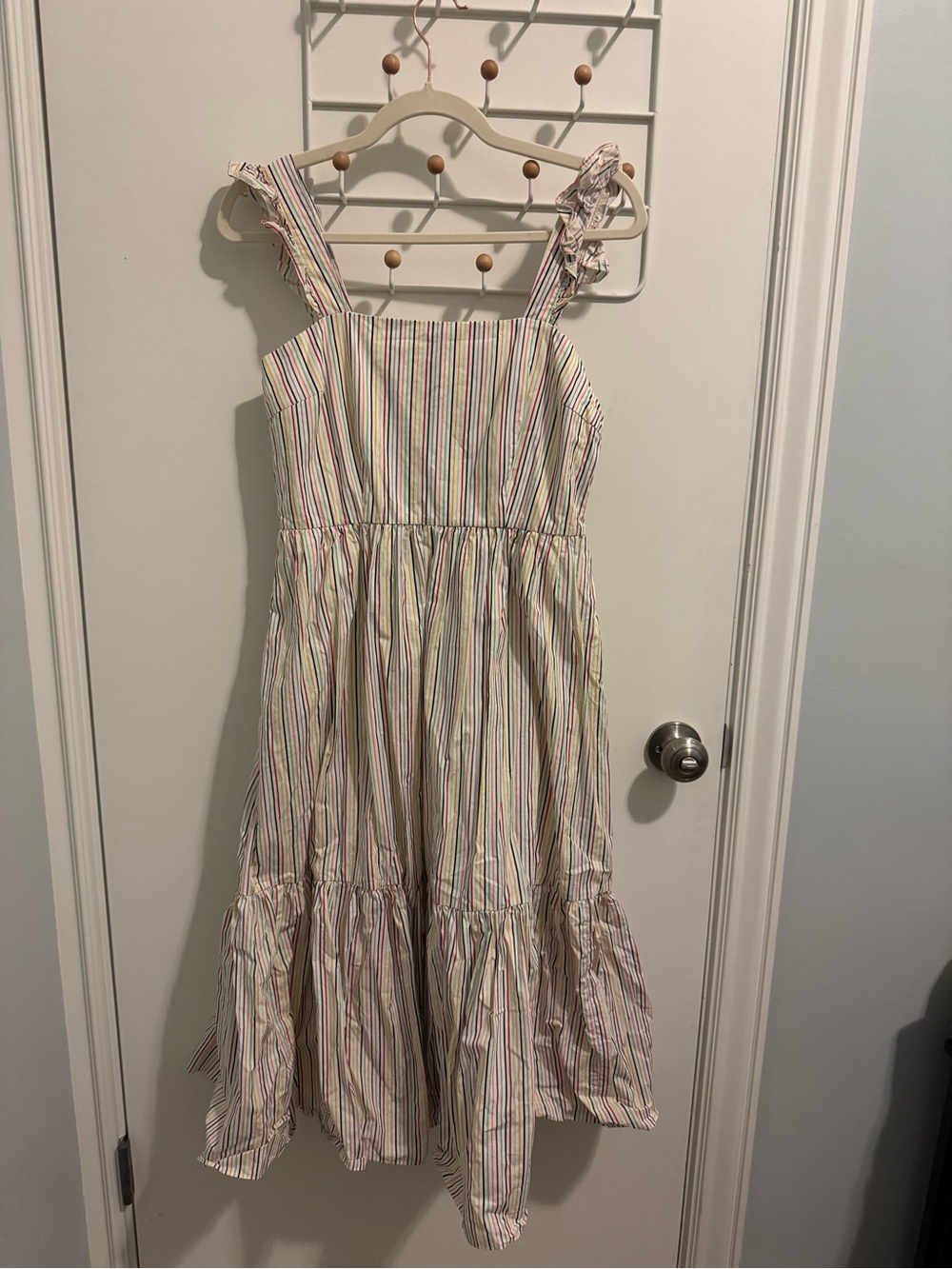 CROSBY by Mollie Burch Cream rainbow Striped Ruffle-Shoulder Maxi Dress